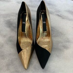 ZARA Black Suede Gold Metallic Foil Heels